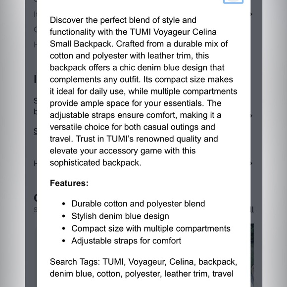 TUMI Voyageur Celina Small Backpack Textured Denim Blue and Grey backpack - Picture 14 of 14